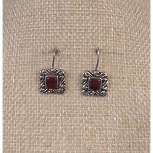 Vintage Mexican Sterling Silver Red Jasper Square Dangle Hook Earrings ATI 925